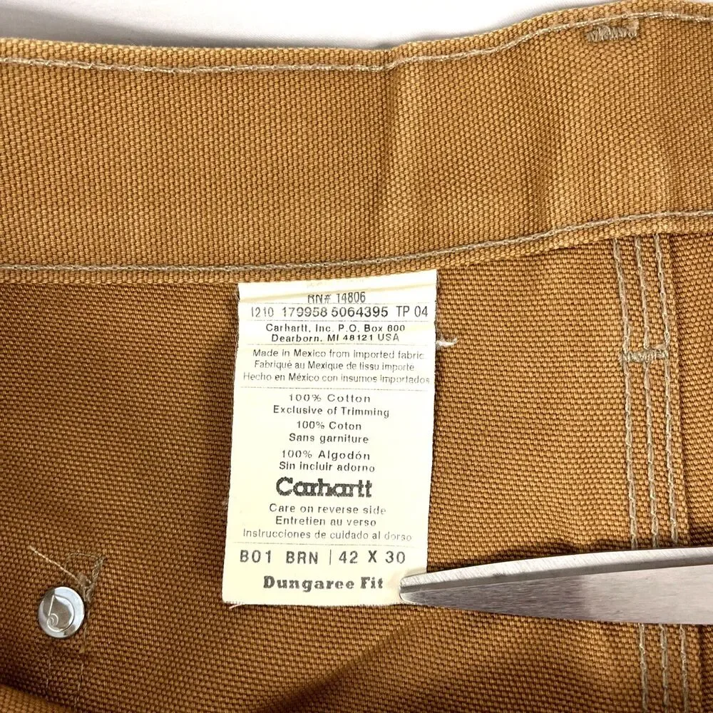 Mens Carhartt B01 BRN Dungaree Fit Brown Double Knee Work Pants Distressed